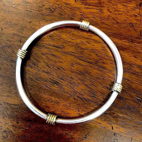 Sterling Silver Two Tone Bangle Bracelet With Gold Plated Stations - Picture 8 of 8
